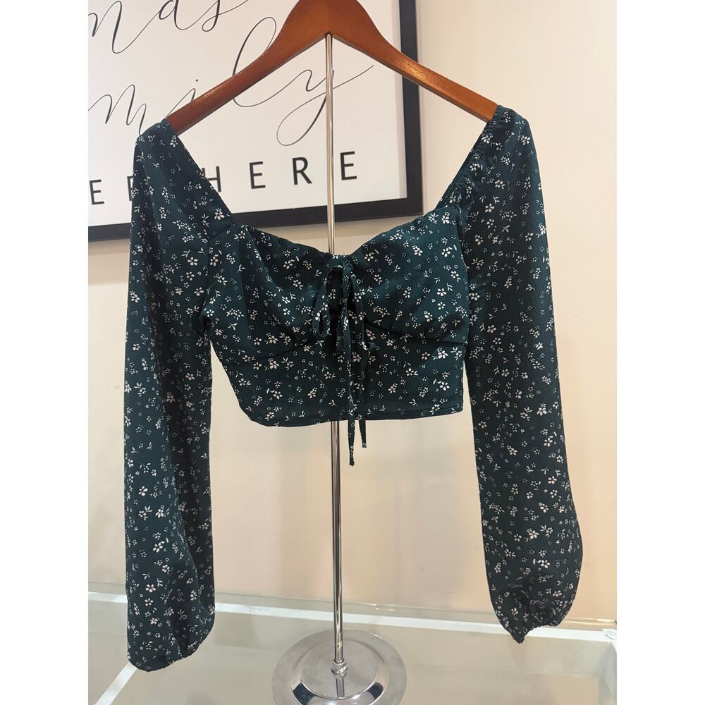 LA Hearts Green Floral Long Sleeve Crop Top-Size Small